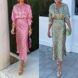 EVE Plus Size Print Lapel Shirt Long Skirts 2 Piece Set GMAN-28523