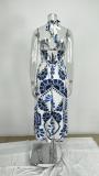 EVE Plus Size Print Wrap Chest Halterneck Midi Dress GMAN-28468