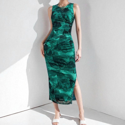 EVE Plus Size Print Sleevless Slim Split Maxi Dress GMAN-29209