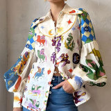 EVE Plus Size Printed Lapel Single Breasted Lantern Sleeve Shirt GMAN-24631