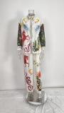 EVE Plus Size Casual Print V Neck Shirt Wide Leg Pants Suit GMAN-28308