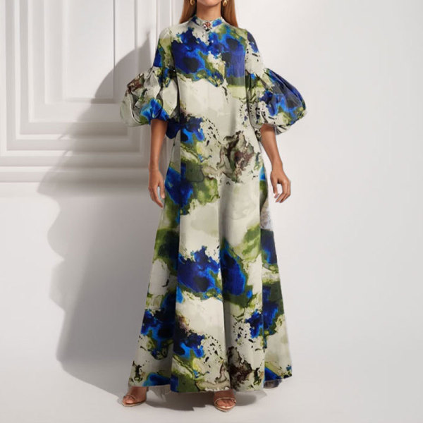 EVE Plus Size Loose Print Bubble Sleeve Maxi Dress GMAN-29008