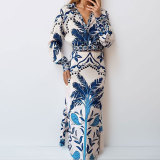 EVE Plus Size Vintage Printed V-Neck Long Sleeve Long Skirt Set GMAN-28925