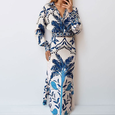 EVE Plus Size Vintage Printed V-Neck Long Sleeve Long Skirt Set GMAN-28925