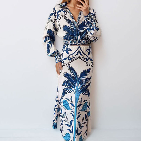 EVE Plus Size Vintage Printed V-Neck Long Sleeve Long Skirt Set GMAN-28925