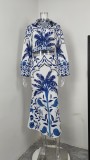 EVE Plus Size Vintage Printed V-Neck Long Sleeve Long Skirt Set GMAN-28925