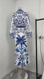 EVE Plus Size Vintage Printed V-Neck Long Sleeve Long Skirt Set GMAN-28925