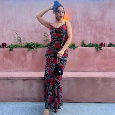 SC Sexy V Neck Print Sling Midi Dress GLAG-D3C15198G
