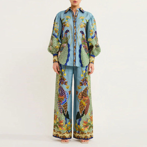 EVE Plus Size Printed Lantern Sleeve Wide Leg  Pants Fashion Suit GMAN-24930