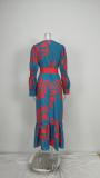 EVE Plus Size Printed Lace-Up Bubble Long Sleeve Maxi Dress GMAN-28748