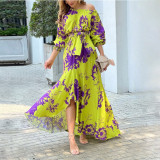 EVE Plus Size Print Slash Shoulder Lantern Sleeve Maxi Dress GMAN-8686