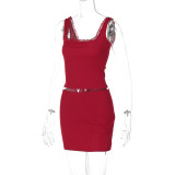 EVE Lace Camisole Square Neck Top Solid Color Skirt Set GLAG-S4917379G
