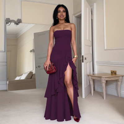 EVE Solid Color Off Shoudler Ruffles Tube Top Maxi Dress GLAG-D5418830F