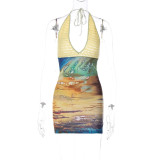 EVE Printed Patchwork Knit Deep V Neck Mini Dress GLAG-D2B11191G