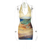 EVE Printed Patchwork Knit Deep V Neck Mini Dress GLAG-D2B11191G