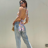 EVE Halterneck Print Backless Tank Tops GLAG-T145039G