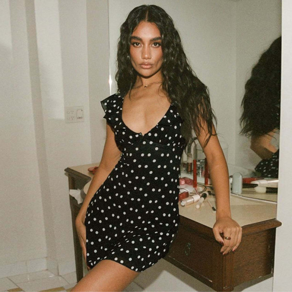 EVE V Neck Patchwork Mesh Print Mini Dress GLAG-D4318726F
