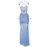 EVE Solid Color Backless Split Mesh Dress GLAG-D155288G