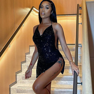 SC Backless Hollow Out Sequin Mini Dress GLAG-D2A10812G