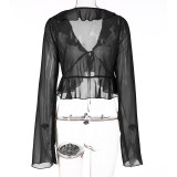 EVE Tie Up Deep V Neck Long Sleeve Tops GLAG-T1A6820G