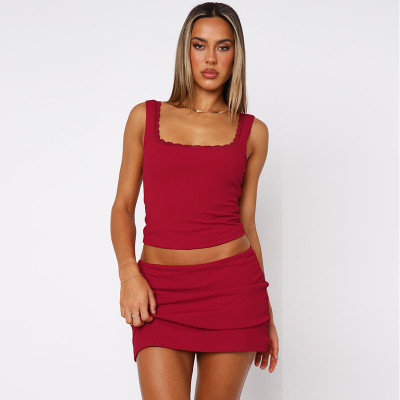 EVE Lace Camisole Square Neck Top Solid Color Skirt Set GLAG-S4917379G