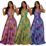 EVE V Neck Print Backless Satin Maxi Dress YF-20163
