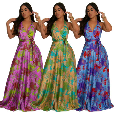 EVE V Neck Print Backless Satin Maxi Dress YF-20163
