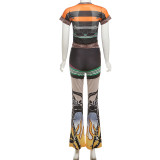 EVE Short Sleeve Printed Mesh Pants Two Piece Set DLSF-K25S67290