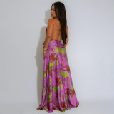 EVE V Neck Print Backless Satin Maxi Dress YF-20163