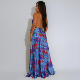 EVE V Neck Print Backless Satin Maxi Dress YF-20163