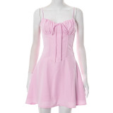 EVE Solid Color Tie Up Pleated Mini Dress GDSF-D25DS093