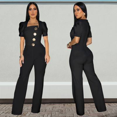 EVE Big Button Short Sleeve Sport Wide Leg Jumpsuit BY-7378
