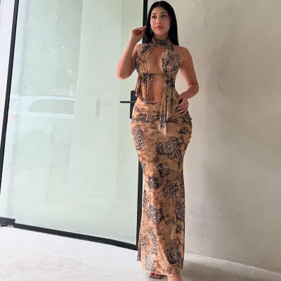 EVE Sexy Mesh Print Hollow Out Backless Skirt Suit GYME-K25S65183