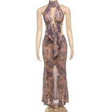 EVE Sexy Mesh Print Hollow Out Backless Skirt Suit GYME-K25S65183
