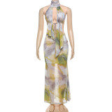 EVE Sexy Mesh Print Hollow Out Backless Skirt Suit GYME-K25S65183