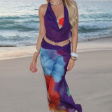 EVE Sexy Mesh Print Backless Vest Two Piece Skirts Set GYME-K25S67644