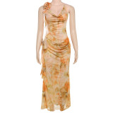 EVE Print Tie Up Mesh V Neck Maxi Dress GYME-K25D68271