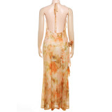 EVE Print Tie Up Mesh V Neck Maxi Dress GYME-K25D68271