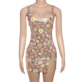 EVE Square Neck Sequin Print Split Mini Dress GYME-K25D70390