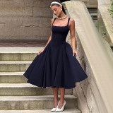 EVE Sexy Solid Color Square Neck Backless Midi Dress FL-YL25046DGO