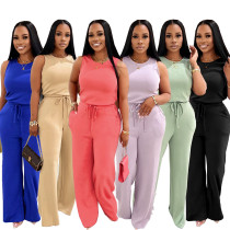 EVE Solid Color Sleeveless Tie Up Two Piece Pants Set SFY-728