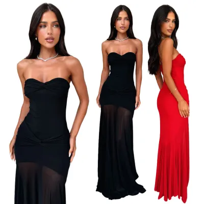 EVE Off Shoulder Solid Color Mesh Maxi Dress MZ-0470