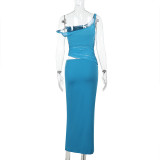 EVE Slant Shoulder Twisted Tie Mesh Patchwork Maxi Dress FL-YL25098PFO