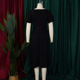 EVE Plus Size Solid Color Flare Sleeve Belt Midi Dress GCZF-8629