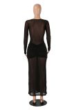 EVE Solid Color Long Sleeve Mesh Maxi Dress MZ-0471