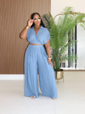 EVE Solid Lapel Crop Top And Wide Leg Pants 2 Piece Set SFY-716