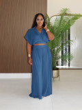 EVE Solid Lapel Crop Top And Wide Leg Pants 2 Piece Set SFY-716