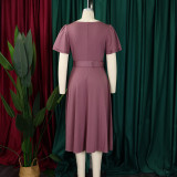 EVE Plus Size Solid Color Flare Sleeve Belt Midi Dress GCZF-8629