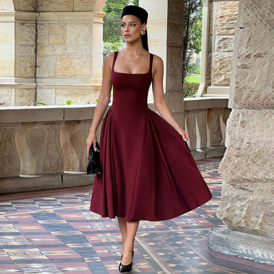 EVE Sexy Solid Color Square Neck Backless Midi Dress FL-YL25046DGO