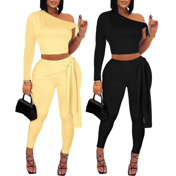 EVE Single Shoulder Long Sleeve Tie Up Two Piece Pants Set MZ-2904